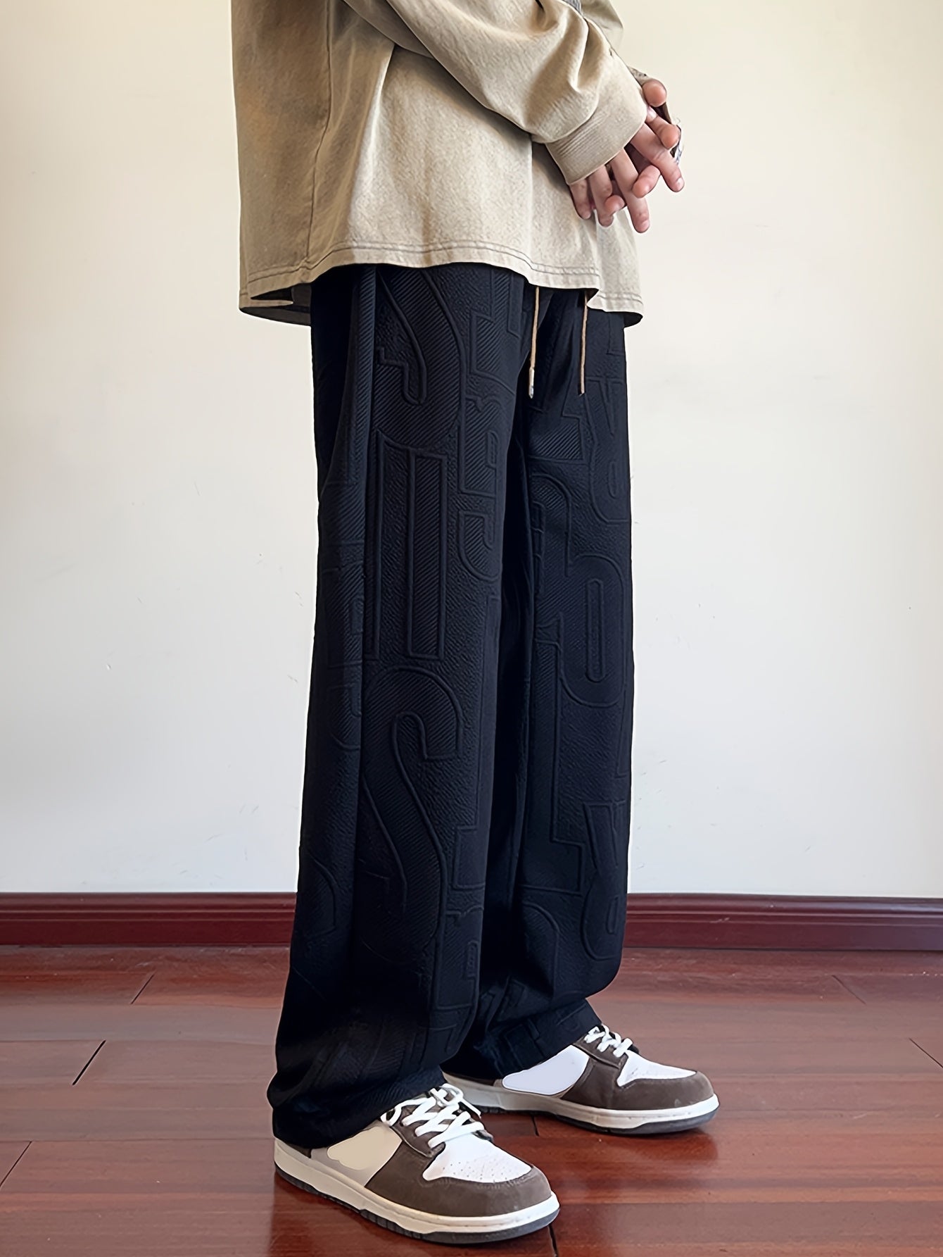 Men'S Autumn Straight-Leg Pants, All-Over Jacquard Fabric, Elastic Waistband with Drawstring, Suitable for Spring And Autumn Outdoor Casual Pants