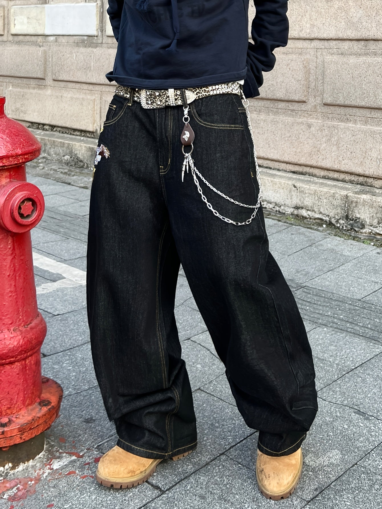 1pc American Vintage Heavy-Duty Golden Embroidered Loose Denim Jeans | Street Hip-Hop Fashion, Non-Stretch Fabric, Regular Length, All-Season, Pocket Details, Belt Not Included