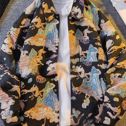 Men'S Vintage American Style Woven Bear Shirt Jacket, High-End Trendy Casual Shirt for Autumn