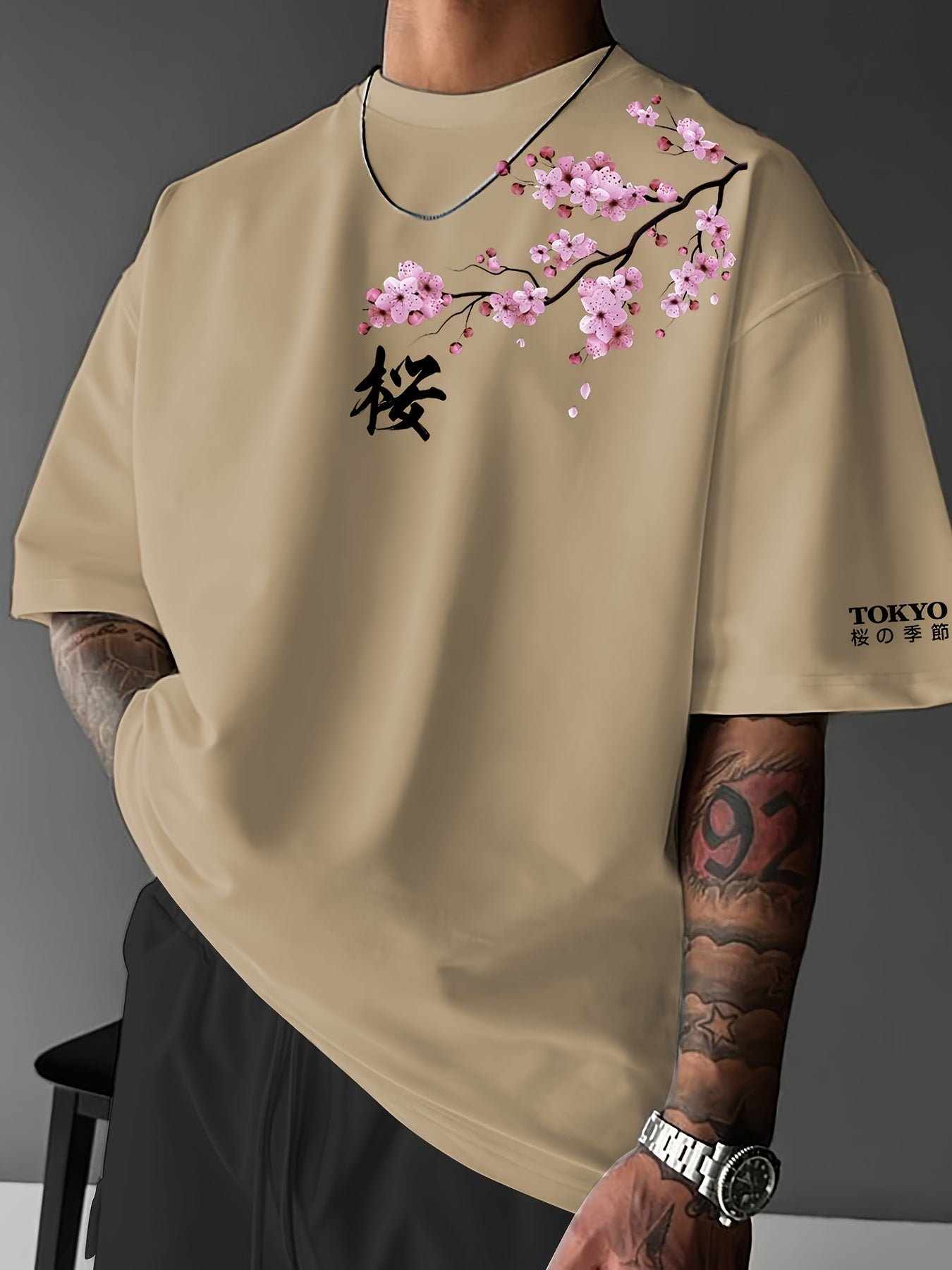 Cherry Blossoms, Japanese Elements, Men'S Fashion Print Street Casual Short-Sleeve T-Shirt, Comfortable Round-Neck Top for Spring And Summer