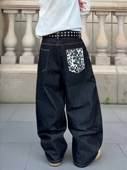 1pc Men' Vintage Wide- Black Pants with Leopard Print - Loose Fit Streetwear Style, Full-Length Pocket Jeans Suitable for - Wear (No Belt/Hanger Included)
