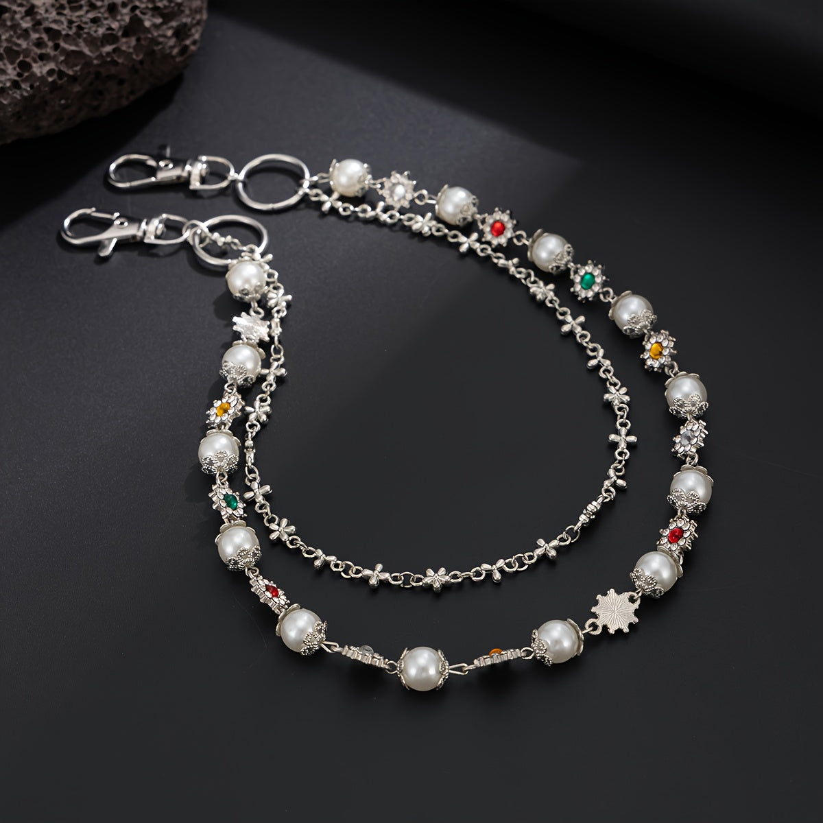 1pc Denim Chain Small Flower Chain Hip-Hop Niche Colorful Rhinestones Spliced Waist Chain Pendant Streetwear