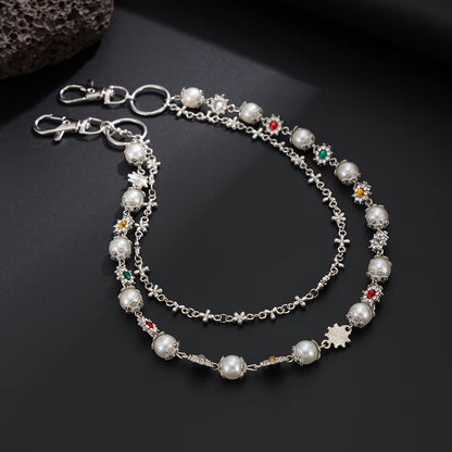 1pc Denim Chain Small Flower Chain Hip-Hop Niche Colorful Rhinestones Spliced Waist Chain Pendant Streetwear