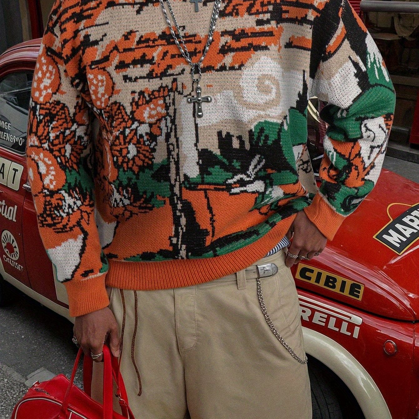 Men'S & Women'S Casual Loose-Fit Long Sleeve Pullover Sweater - Vibrant Orange, Green, & Geometric Pattern, Round Neck, Ribbed Cuffs, Perfect for Spring/Fall, Versatile for Casual Attire, Spring Fall Apparel | Vibrant Pattern