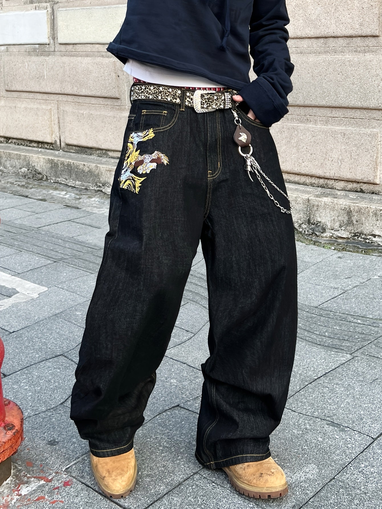 1pc American Vintage Heavy-Duty Golden Embroidered Loose Denim Jeans | Street Hip-Hop Fashion, Non-Stretch Fabric, Regular Length, All-Season, Pocket Details, Belt Not Included