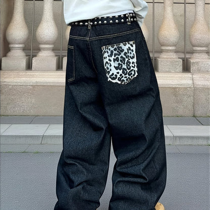 1pc Men' Vintage Wide- Black Pants with Leopard Print - Loose Fit Streetwear Style, Full-Length Pocket Jeans Suitable for - Wear (No Belt/Hanger Included)