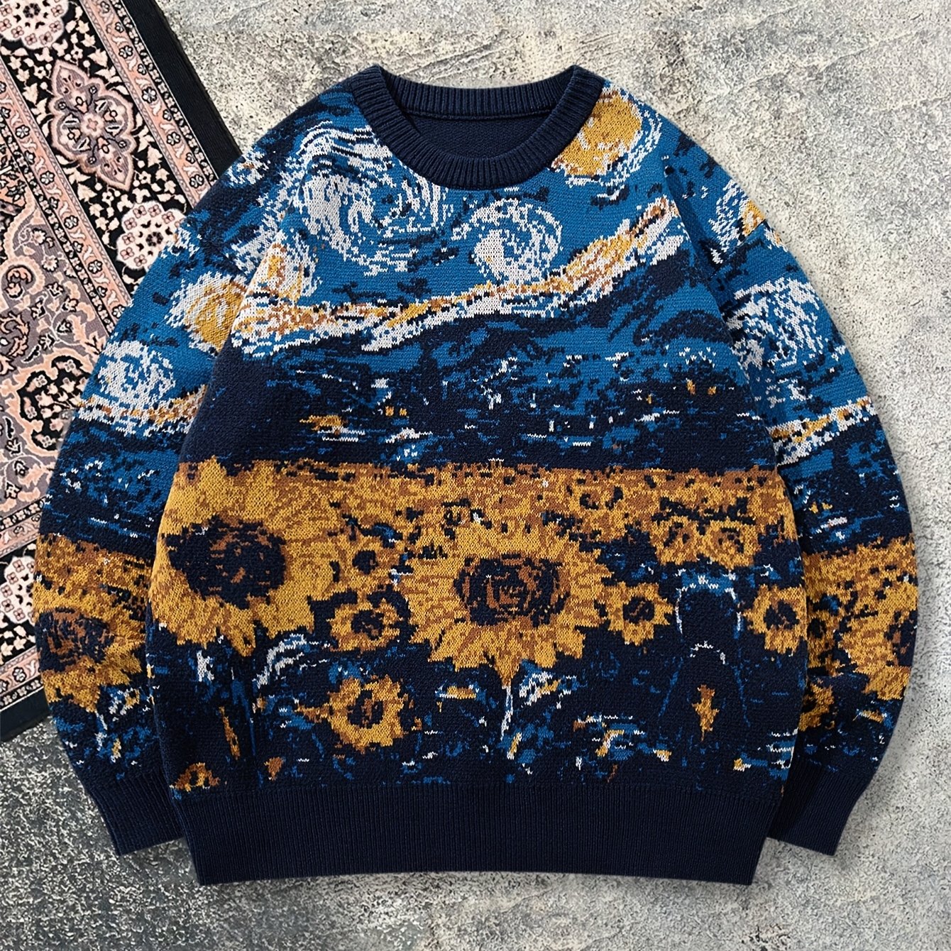 New Autumn And Winter Men'S Casual Loose-Fitting Sweater Featuring a Easy Van Gogh-Inspired Sunflower And Starry Sky Oil Painting Design with a Vintage Knit Long Sleeve And Round Neck