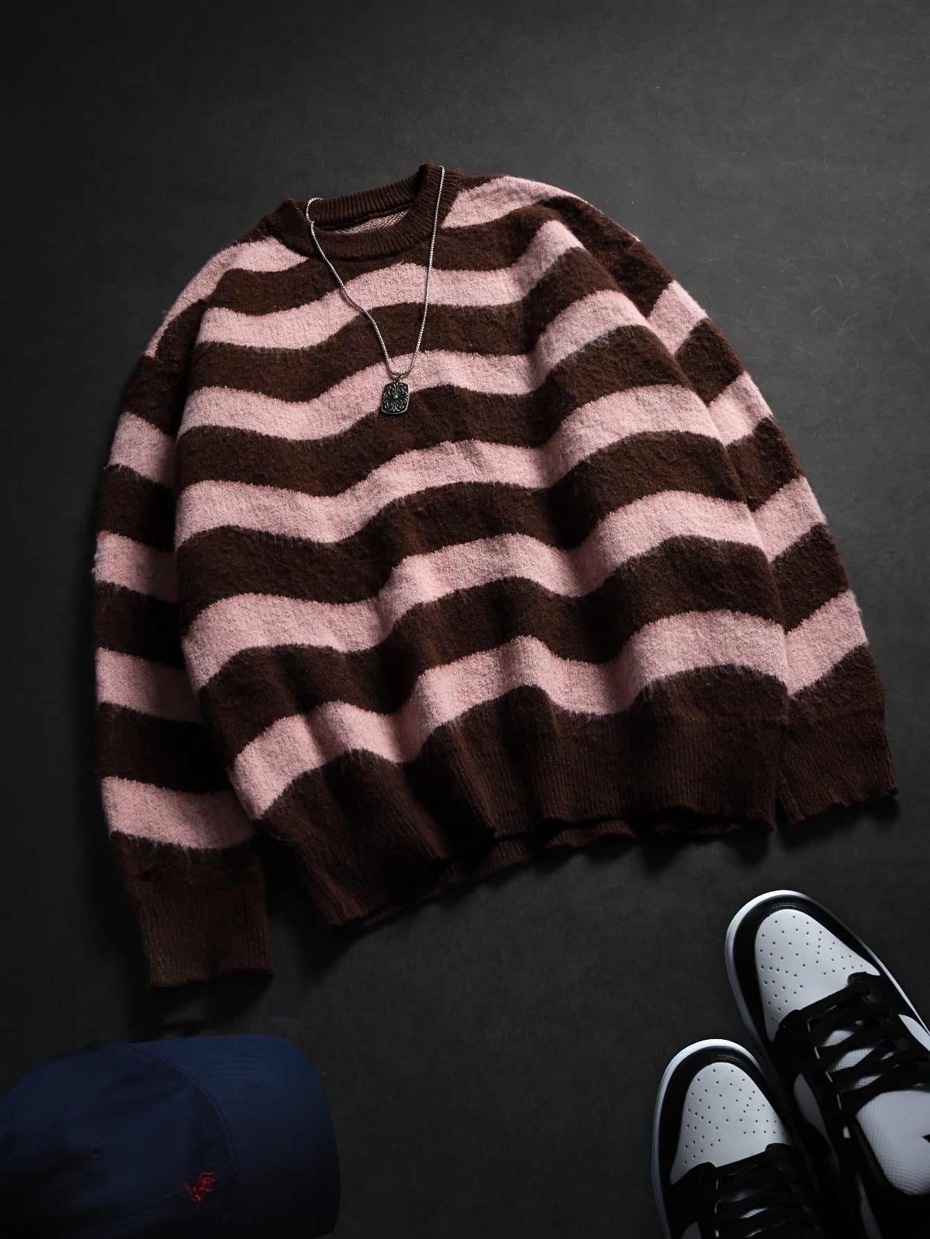 Autumn/Winter New Arrival Fabric Men's Unisex Style Long Sleeve Crew Neck Striped Drop Shoulder High Street Style Pullover Knit Top