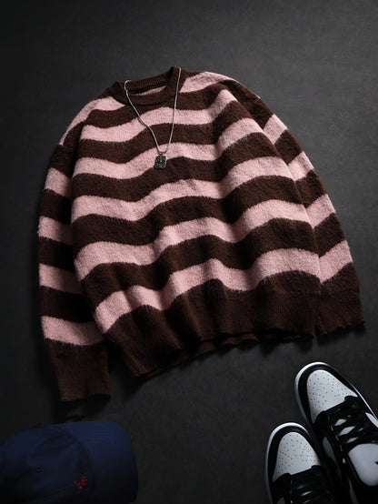 Autumn/Winter New Arrival Fabric Men's Unisex Style Long Sleeve Crew Neck Striped Drop Shoulder High Street Style Pullover Knit Top