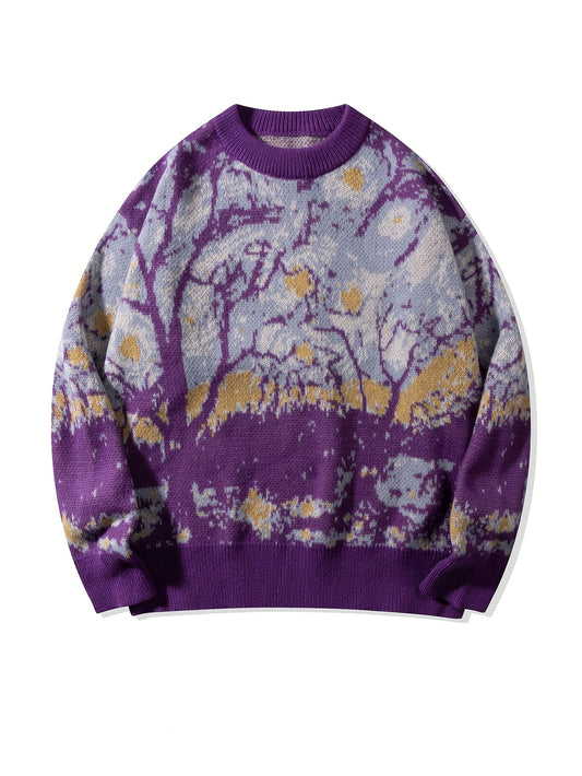 New Spring/Autumn/Winter Men's Casual Loose-Fit Fashionable Irregular Branch Abstract Jacquard Pattern Purple Long-Sleeve Sweater, Unisex Crew Neck Pullover Versatile Knit Top