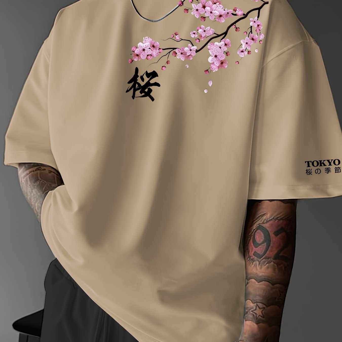 Cherry Blossoms, Japanese Elements, Men'S Fashion Print Street Casual Short-Sleeve T-Shirt, Comfortable Round-Neck Top for Spring And Summer