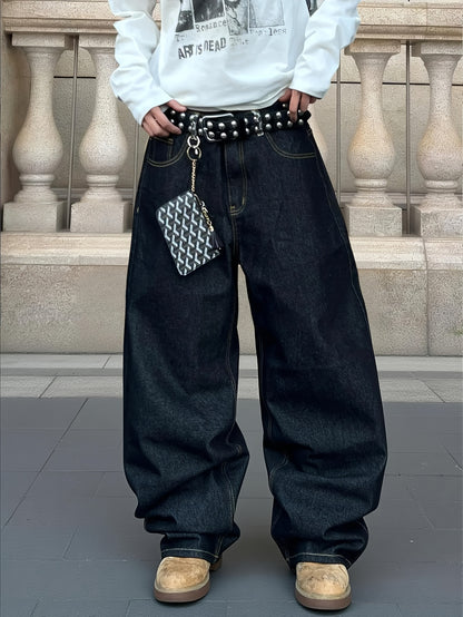 1pc Men' Vintage Wide- Black Pants with Leopard Print - Loose Fit Streetwear Style, Full-Length Pocket Jeans Suitable for - Wear (No Belt/Hanger Included)