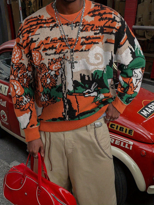 Men'S & Women'S Casual Loose-Fit Long Sleeve Pullover Sweater - Vibrant Orange, Green, & Geometric Pattern, Round Neck, Ribbed Cuffs, Perfect for Spring/Fall, Versatile for Casual Attire, Spring Fall Apparel | Vibrant Pattern