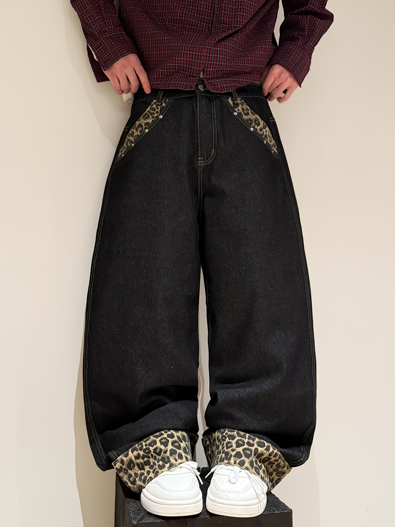 American Retro Style Leopard Print Cuffed Loose Denim Pants, Trendy Streetwear Black Wide-Leg Trousers for Men (Belt And Additions Not Included)