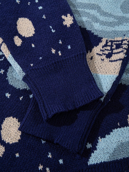 New Autumn And Winter Men'S Easy Casual American Retro Street Style Long-Sleeve Round Neck Pullover Knit Top with Cupid Starry Sky Print