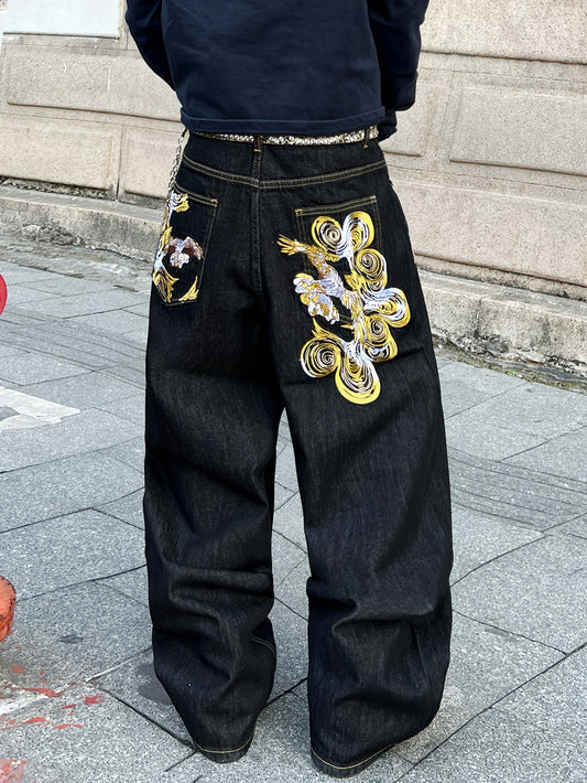 1pc American Vintage Heavy-Duty Golden Embroidered Loose Denim Jeans | Street Hip-Hop Fashion, Non-Stretch Fabric, Regular Length, All-Season, Pocket Details, Belt Not Included