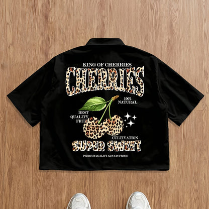 Men'S Short-Sleeve Casual Summer Shirt with Cherry Letter Design on The Back