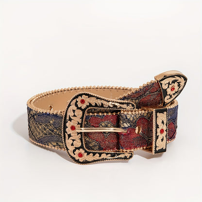 1pc Western-style Carved 3pcs Set with Floral Button-down, Embroidered Mesh Pattern, Women's Denim for Daily Outings and Banquet Dresses, Paired with a Men's Belt