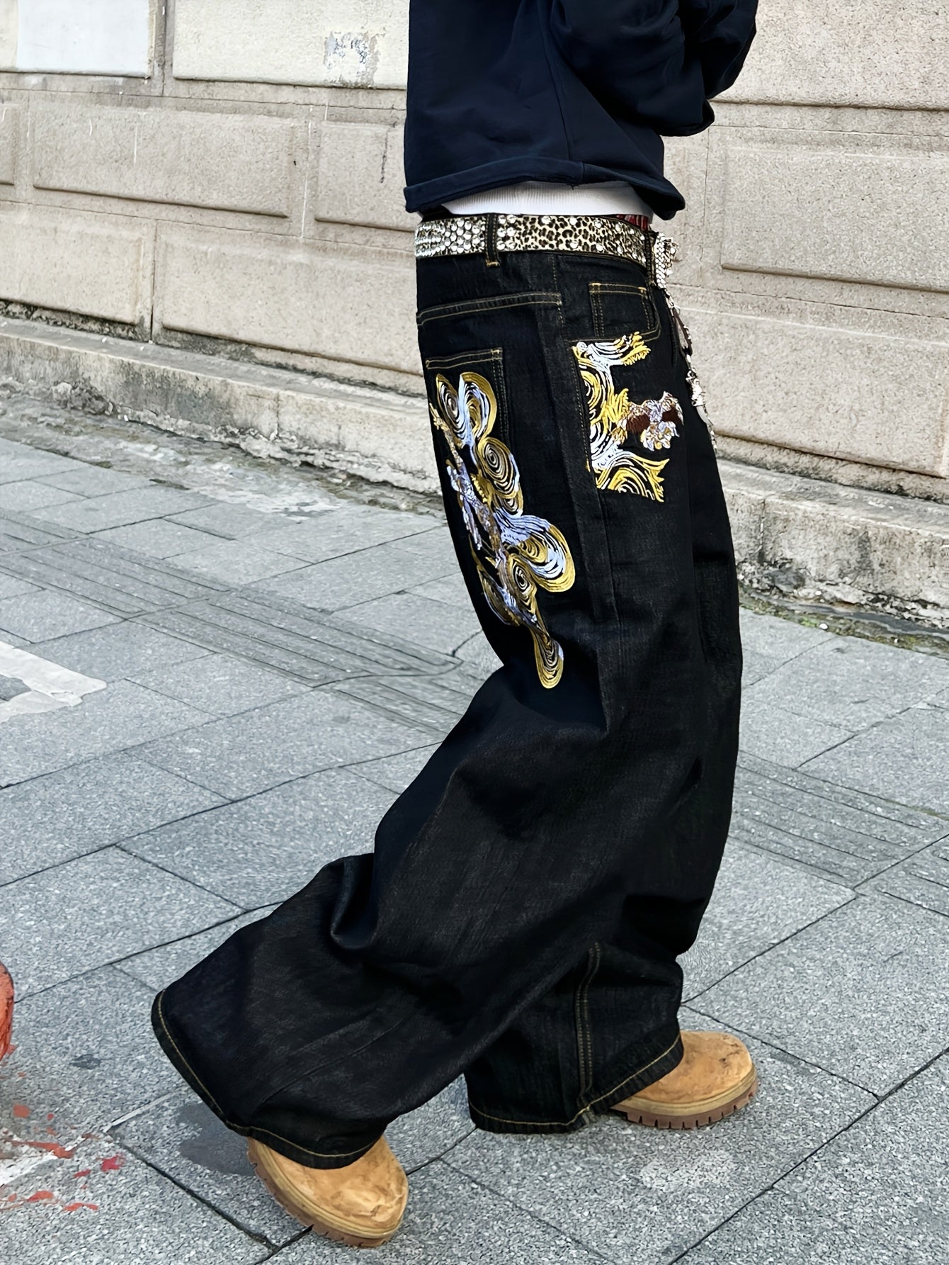1pc American Vintage Heavy-Duty Golden Embroidered Loose Denim Jeans | Street Hip-Hop Fashion, Non-Stretch Fabric, Regular Length, All-Season, Pocket Details, Belt Not Included