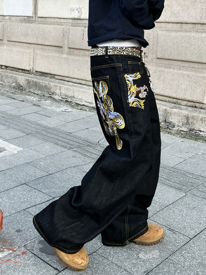 1pc American Vintage Heavy-Duty Golden Embroidered Loose Denim Jeans | Street Hip-Hop Fashion, Non-Stretch Fabric, Regular Length, All-Season, Pocket Details, Belt Not Included