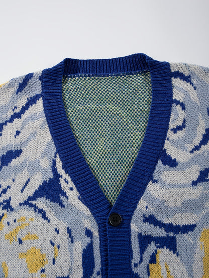 Nova camisola unissexo casual para homem e mulher, ideal para o dia a dia, com um estampado abstrato de pintura a óleo de Van Gogh e um design de casaco de malha de mangas compridas em malha.