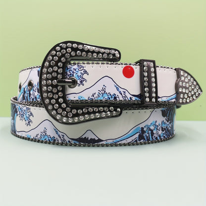 Y2K Y2Kinspired Rhinestone White Belt with Mountain Landscape Design - Western Style Alloy Buckle, Faux Leather Panel, Unisex Fashion Accessory for Jeans and Outfits, Casual Wear Belt|Y2K Fashion Belt|Rhinestone Embellishment