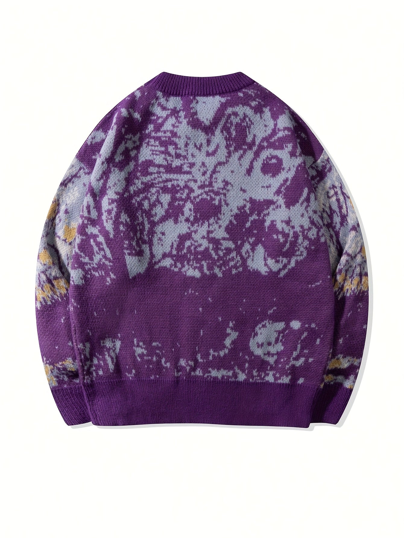 New Spring/Autumn/Winter Men's Casual Loose-Fit Fashionable Irregular Branch Abstract Jacquard Pattern Purple Long-Sleeve Sweater, Unisex Crew Neck Pullover Versatile Knit Top