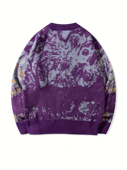 New Spring/Autumn/Winter Men's Casual Loose-Fit Fashionable Irregular Branch Abstract Jacquard Pattern Purple Long-Sleeve Sweater, Unisex Crew Neck Pullover Versatile Knit Top