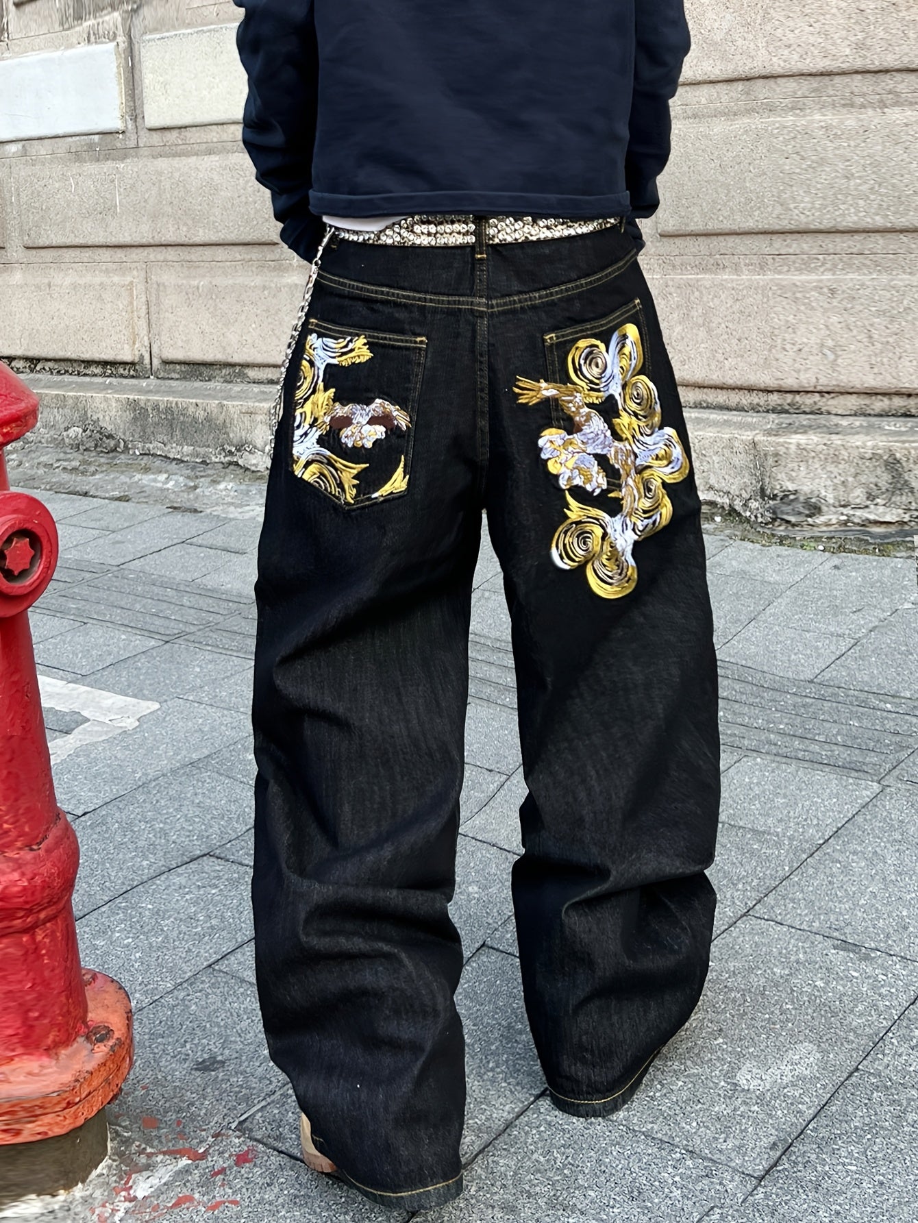 1pc American Vintage Heavy-Duty Golden Embroidered Loose Denim Jeans | Street Hip-Hop Fashion, Non-Stretch Fabric, Regular Length, All-Season, Pocket Details, Belt Not Included