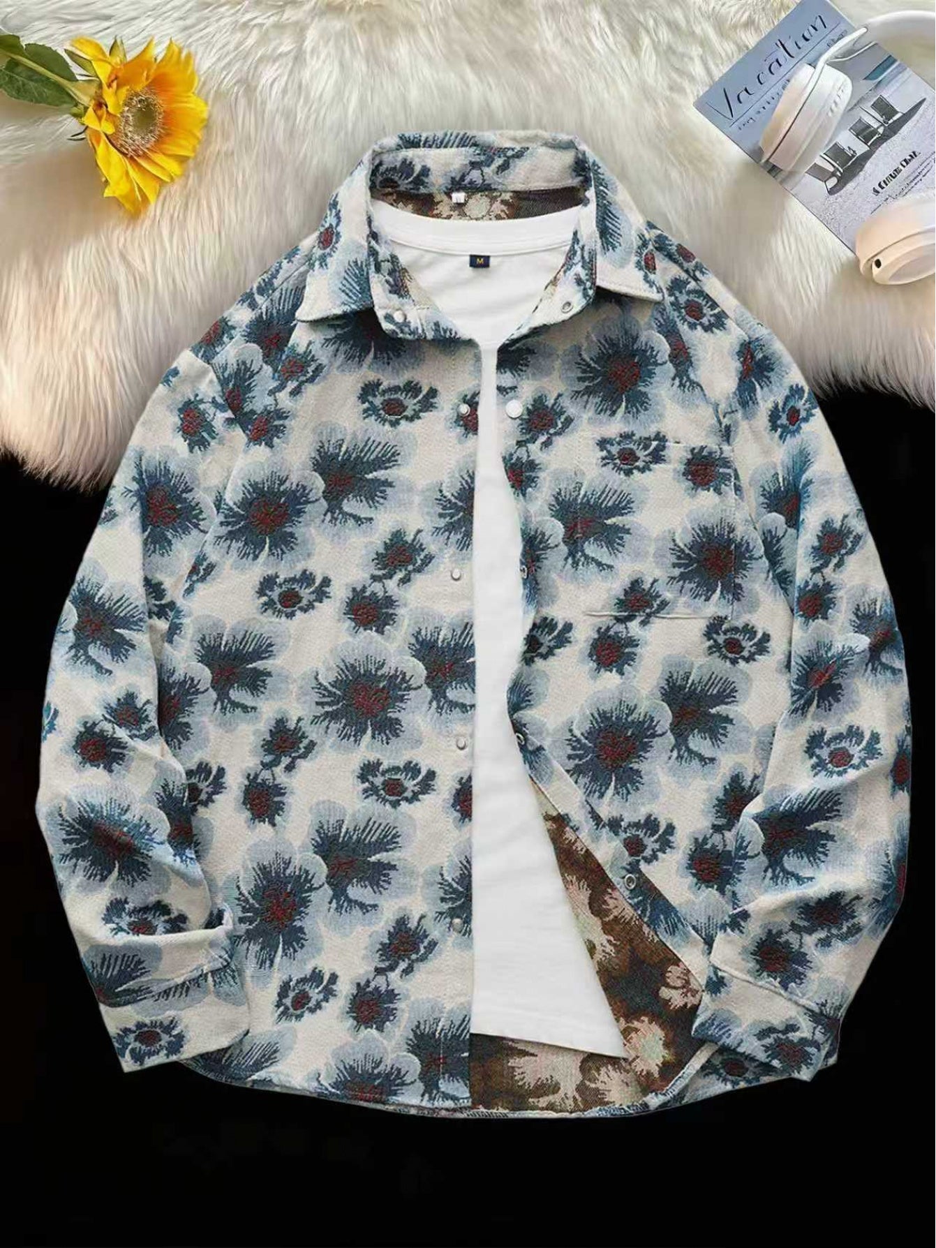 Men'S Vintage American Style Woven Bear Shirt Jacket, High-End Trendy Casual Shirt for Autumn
