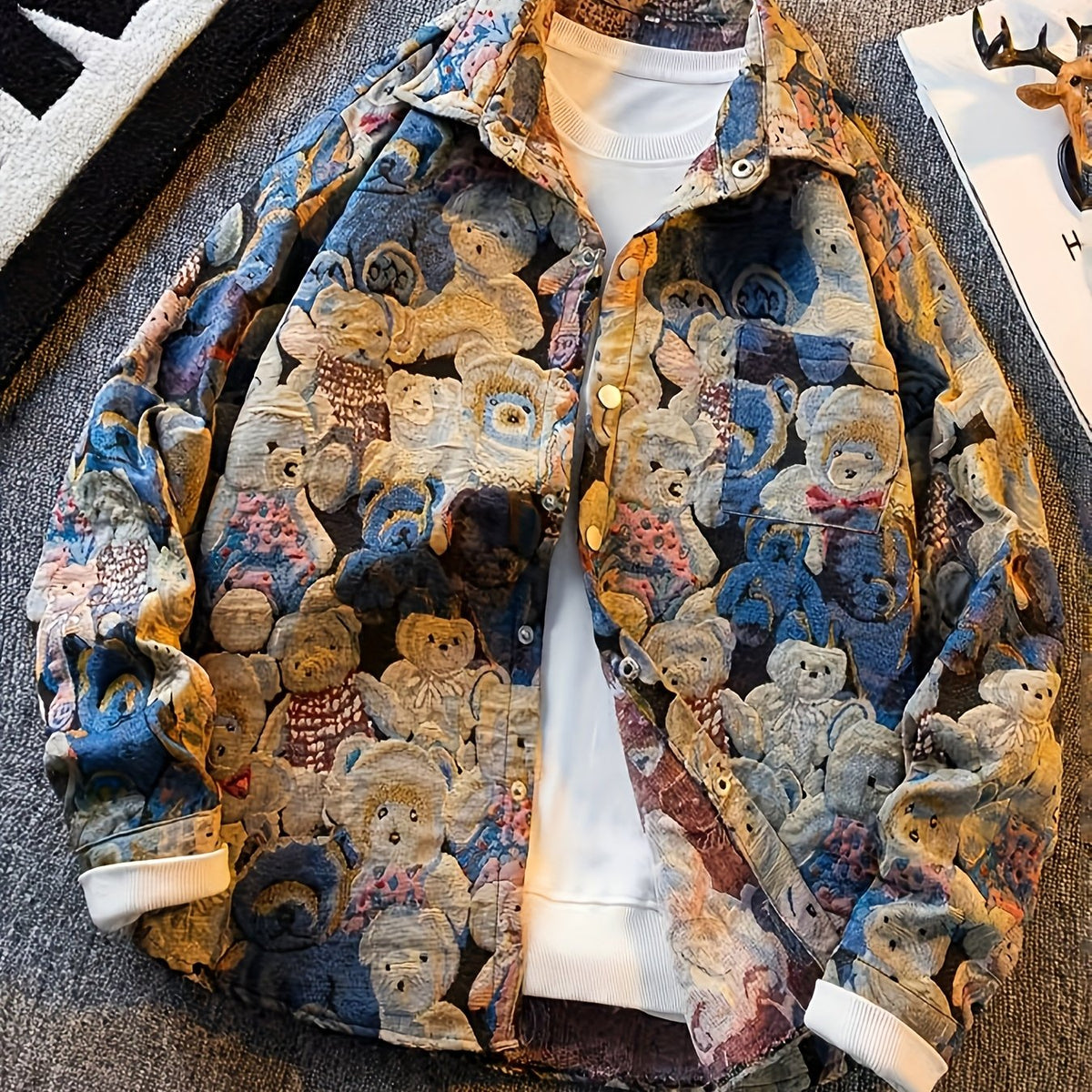 Casaco-Camisa de Urso de Homem Vintage Americano, Camisa Casual de Luxo da Moda para Outono