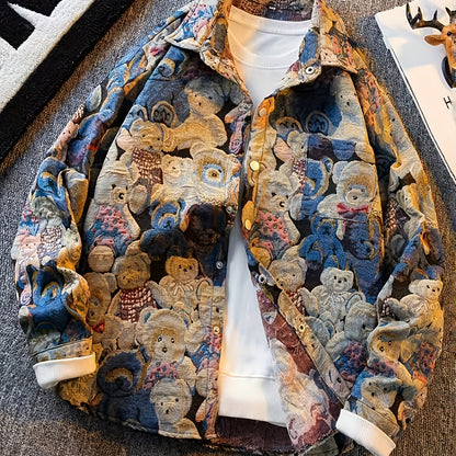 Men'S Vintage American Style Woven Bear Shirt Jacket, High-End Trendy Casual Shirt for Autumn