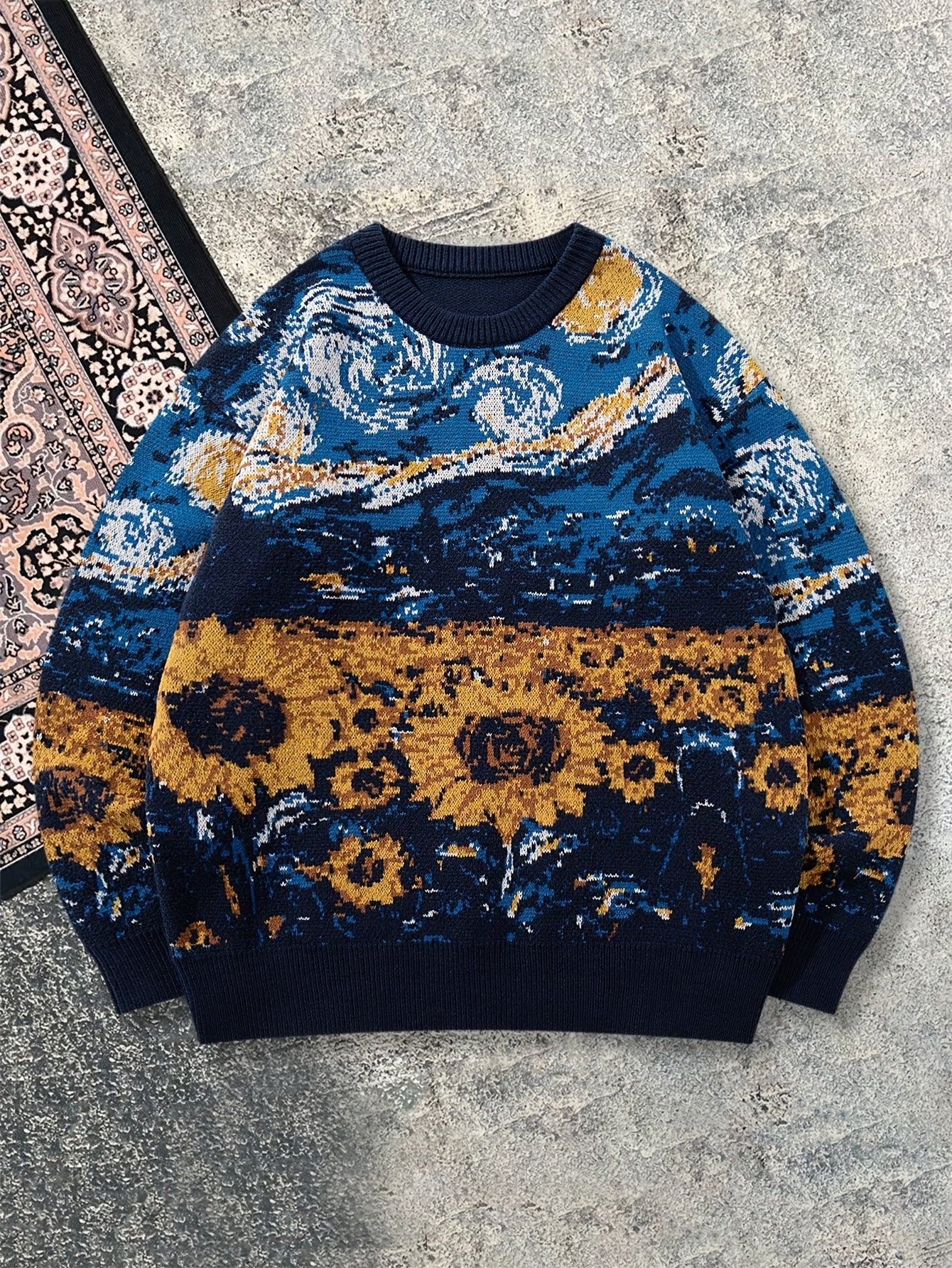 New Autumn And Winter Men'S Casual Loose-Fitting Sweater Featuring a Easy Van Gogh-Inspired Sunflower And Starry Sky Oil Painting Design with a Vintage Knit Long Sleeve And Round Neck