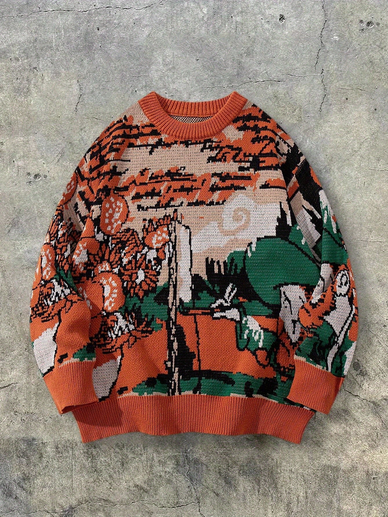Men'S & Women'S Casual Loose-Fit Long Sleeve Pullover Sweater - Vibrant Orange, Green, & Geometric Pattern, Round Neck, Ribbed Cuffs, Perfect for Spring/Fall, Versatile for Casual Attire, Spring Fall Apparel | Vibrant Pattern
