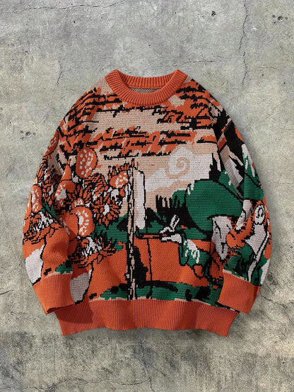Men'S & Women'S Casual Loose-Fit Long Sleeve Pullover Sweater - Vibrant Orange, Green, & Geometric Pattern, Round Neck, Ribbed Cuffs, Perfect for Spring/Fall, Versatile for Casual Attire, Spring Fall Apparel | Vibrant Pattern