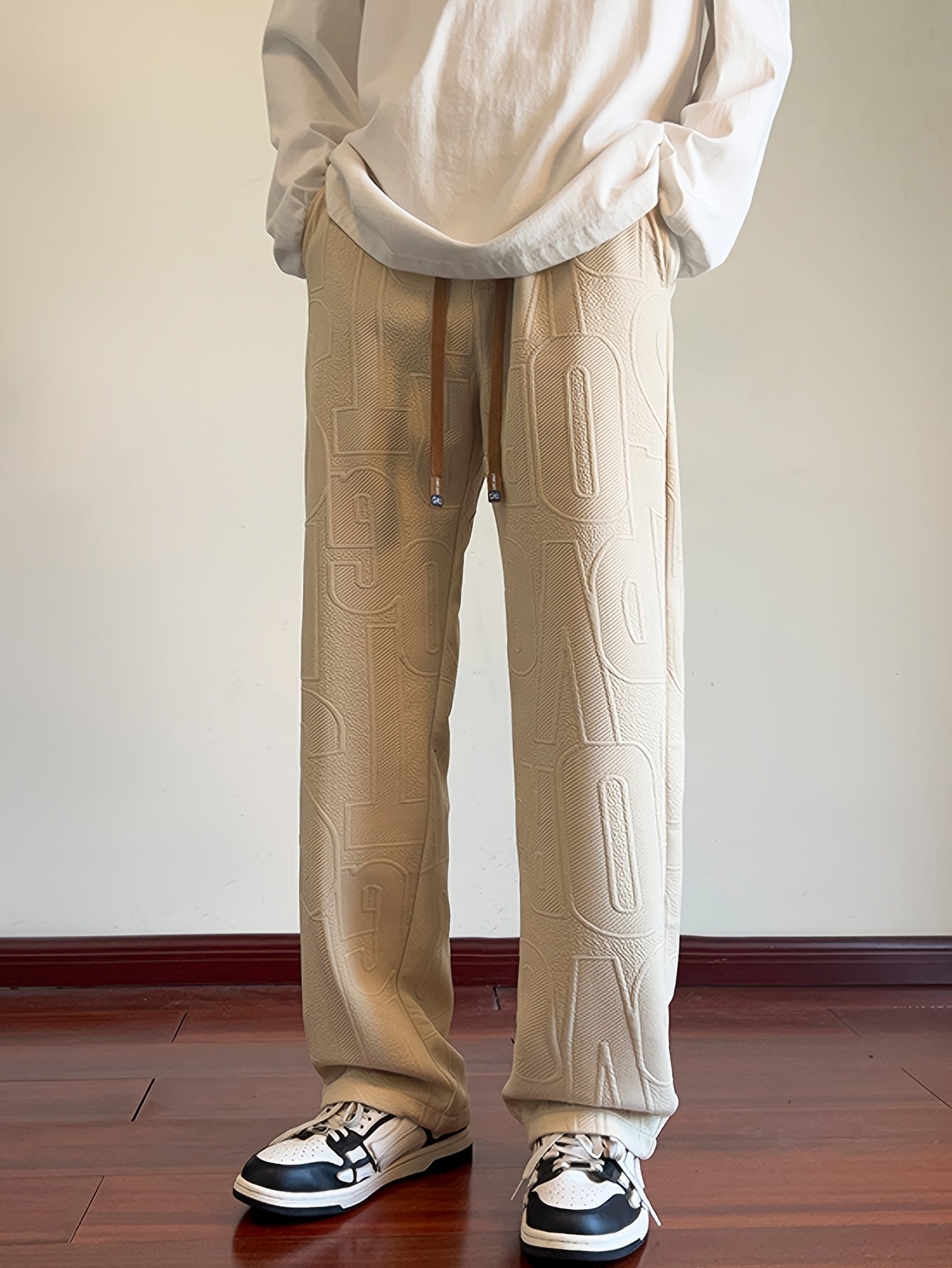 Men'S Autumn Straight-Leg Pants, All-Over Jacquard Fabric, Elastic Waistband with Drawstring, Suitable for Spring And Autumn Outdoor Casual Pants