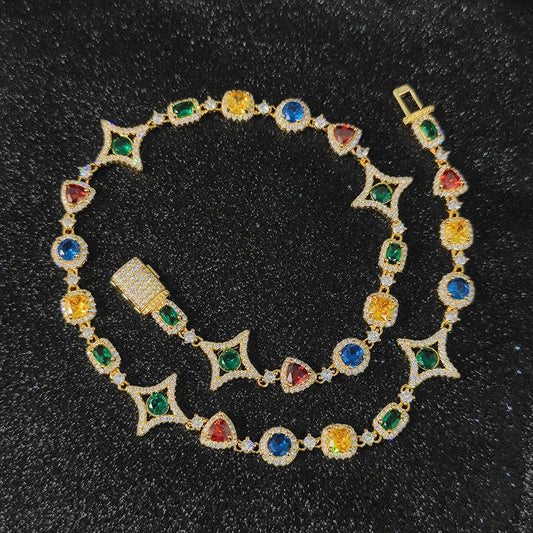 NUOYA New Arrival Colorful Gemstone Chain for Women 18K Gold Plated Colored Zircon Geometry Motif Link Necklace Hip Hop Jewelry