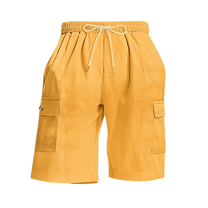 Men's Summer Corduroy Cargo Shorts Casual Multi-Pocket Drawstring Waist Breathable Sports Beach 5-Point Pants Loose Fit Trousers
