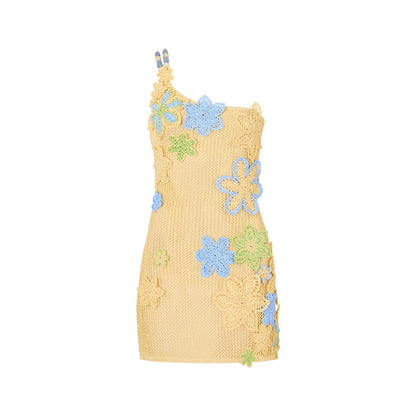 Colorful Flowers Embroidery Crochet Knitted Mini Dress Women Hollow Out Strap Backless Sleeveless Dresses Street Vacation Party