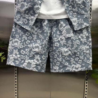 2026 New Summer Fashion Men's Casual Set Embossed Jacquard Lapel Short Sleeve Shirt Shorts 2 Piece Outfit Lightweight