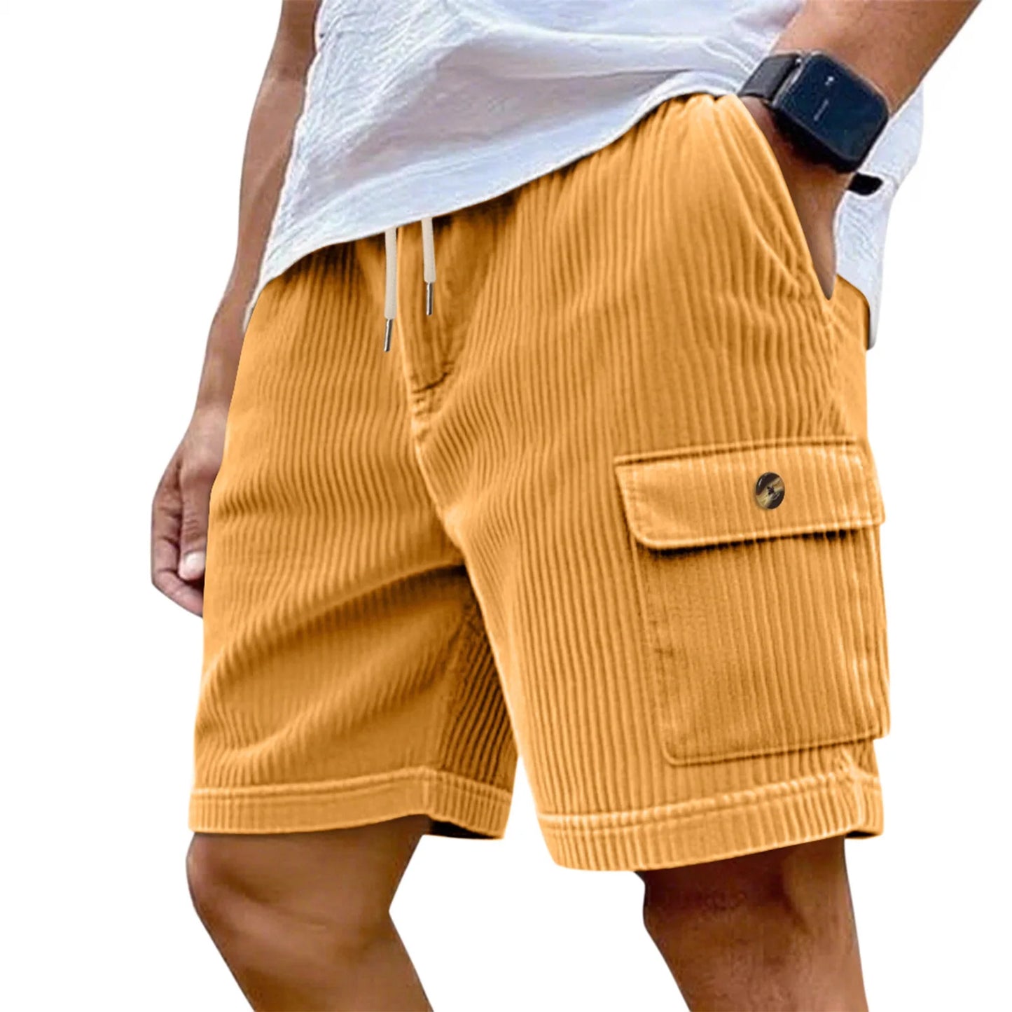 Men's Summer Corduroy Cargo Shorts Casual Multi-Pocket Drawstring Waist Breathable Sports Beach 5-Point Pants Loose Fit Trousers