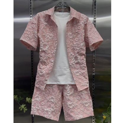 2026 New Summer Fashion Men's Casual Set Embossed Jacquard Lapel Short Sleeve Shirt Shorts 2 Piece Outfit Lightweight