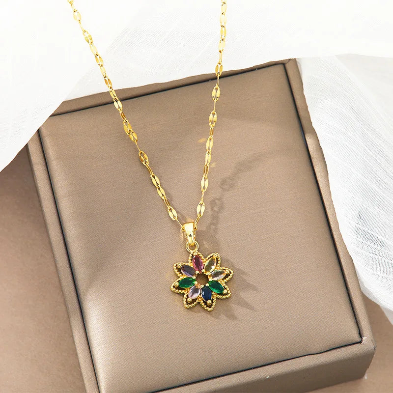 ZAKOL New Fashion 7 Colors Rainbow Zircon Crystal Flower Pendant Necklaces For Women Stainless Steel Chain Necklace Accessories