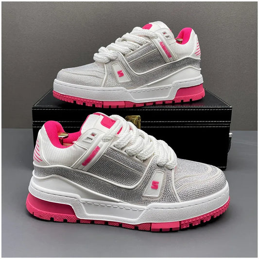 Ténis desportivos para homem com strass, tendência primavera, sola grossa, casual, para caminhada, ténis, preto brilhante com diamantes, respirável.