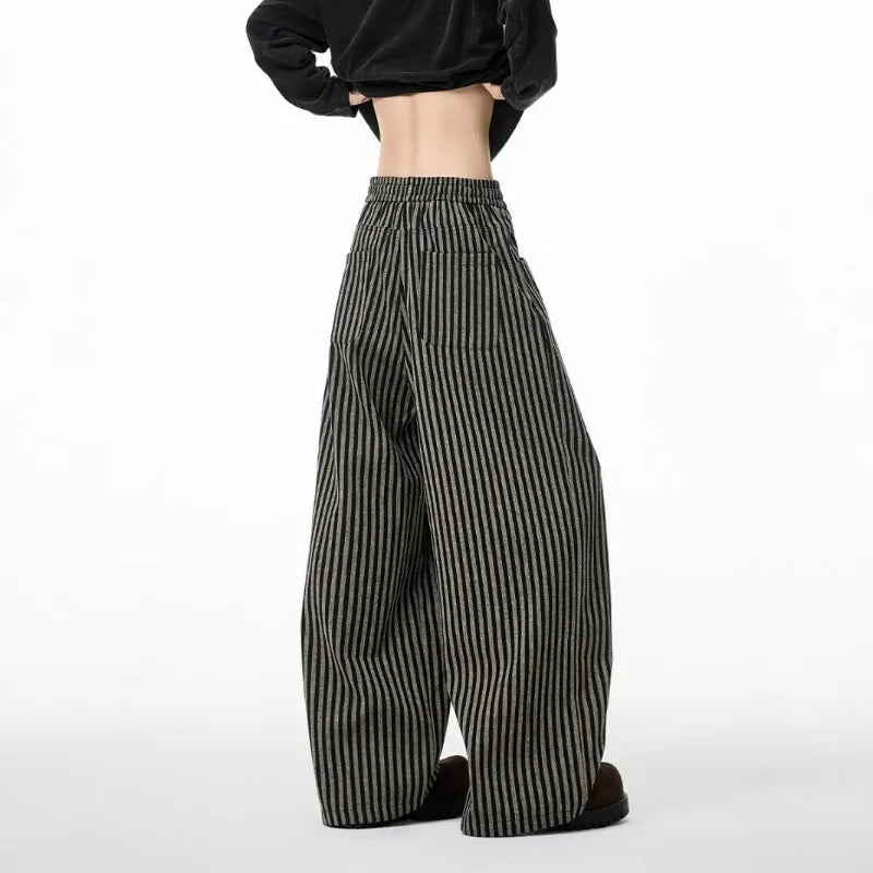 UNITIM Man Wide Leg Pant Vintage Thin Breathable Striped Men Trousers Streetwear Loose Drawstring Casual Versatile Male Pant