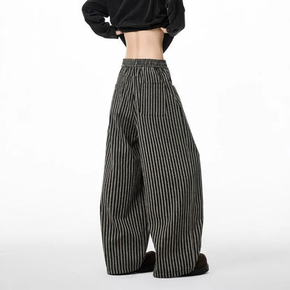 UNITIM Man Wide Leg Pant Vintage Thin Breathable Striped Men Trousers Streetwear Loose Drawstring Casual Versatile Male Pant