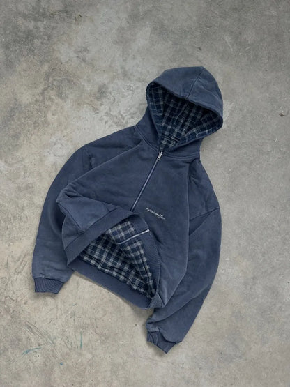 American Street Retro Reversible Plaid Fashion Zipper Hoodie Men New Harajuku Y2K Heavy Wash Casual Street Sweatshirts Women