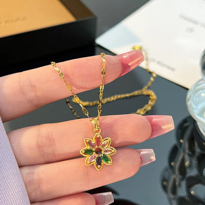 ZAKOL New Fashion 7 Colors Rainbow Zircon Crystal Flower Pendant Necklaces For Women Stainless Steel Chain Necklace Accessories