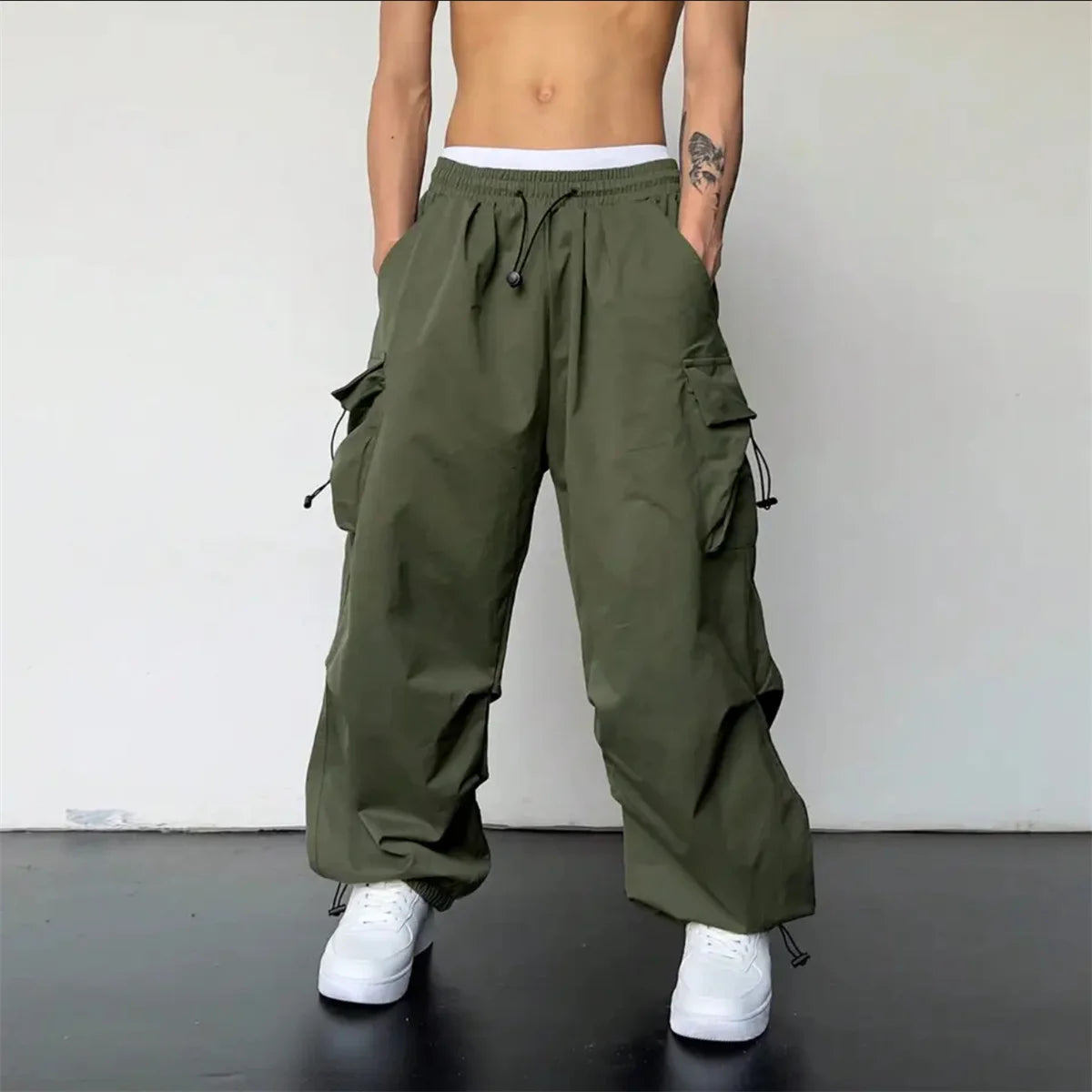 Black Men's Hip Hop Cargo Pants Casual Summer Solid Multiple Pockets Trousers Cool Ribbons Techwear Hip Hop Sweatpants Boys