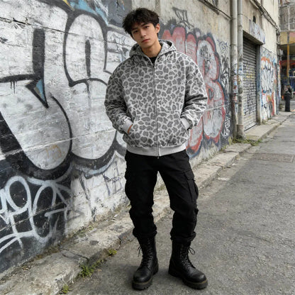 Minimalist 2026 Leopard Print Zip Up Hoodie For Men Women Loose Full Print Design Sense Soft Fabric Fit Trendy Daily Streetwear